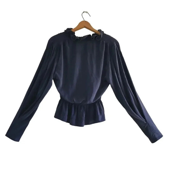 NWT Rebecca Taylor Ruffled Blouse Womens Size Small Navy Slit Neck Long Sleeve - Picture 3 of 10
